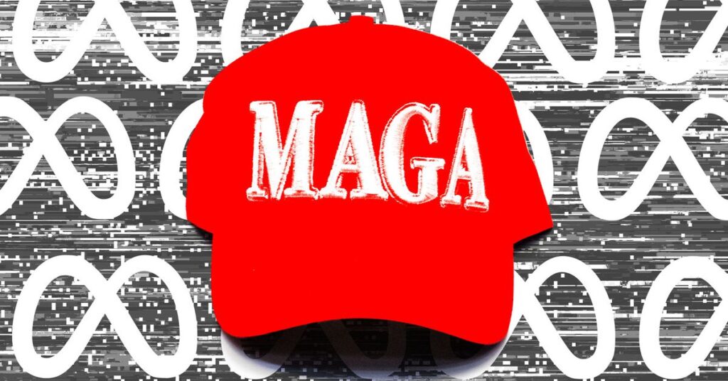 Digital photo collage of MAGA hat and Meta logo.